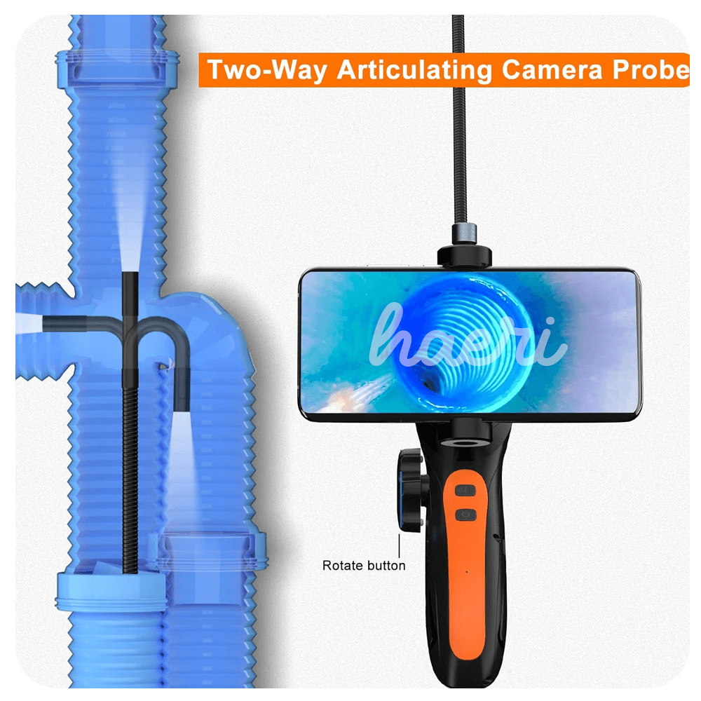Two-way articulating camera probe showing a smartphone display and plumbing pipes for inspection.
