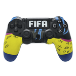 Wireless PS4 joystick with a FIFA design, compatible with Android, iOS, and PC via Bluetooth. Includes USB-MicroUSB cable.