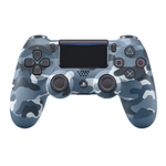 Wireless PS4 joystick in blue camouflage design, compatible with Android, iOS, and PC via Bluetooth. Includes USB-MicroUSB cable.