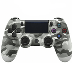 Gray camouflage wireless PS4 joystick compatible with Android, iOS, and PC via Bluetooth, featuring ergonomic design and control buttons.
