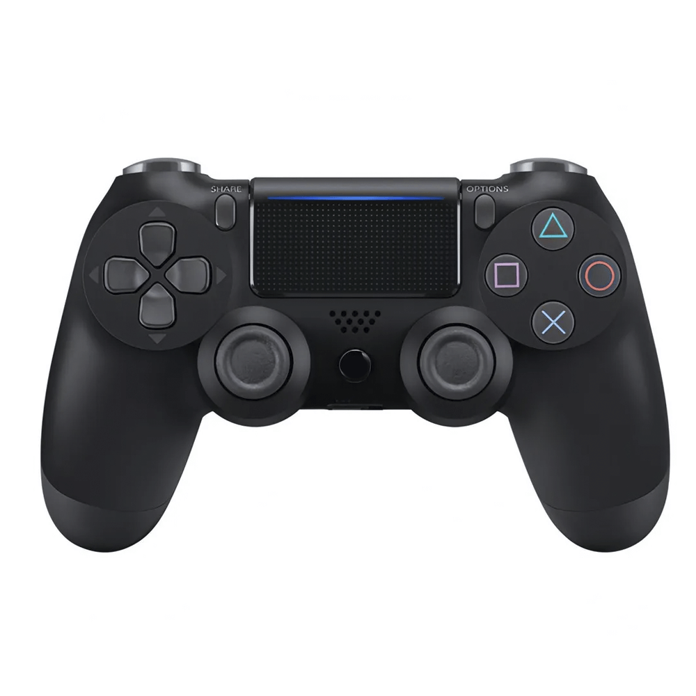 Wireless black PS4 joystick compatible with Android, iOS, and PC via Bluetooth, includes USB-MicroUSB cable.