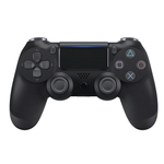 Wireless black PS4 joystick compatible with Android, iOS, and PC via Bluetooth, includes USB-MicroUSB cable.