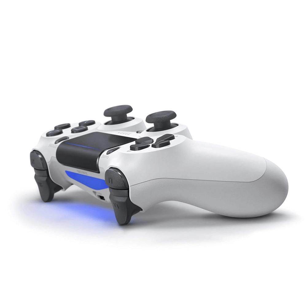 Wireless white PS4 joystick compatible with Android, iOS, and PC, featuring Bluetooth connectivity and USB-MicroUSB cable included.
