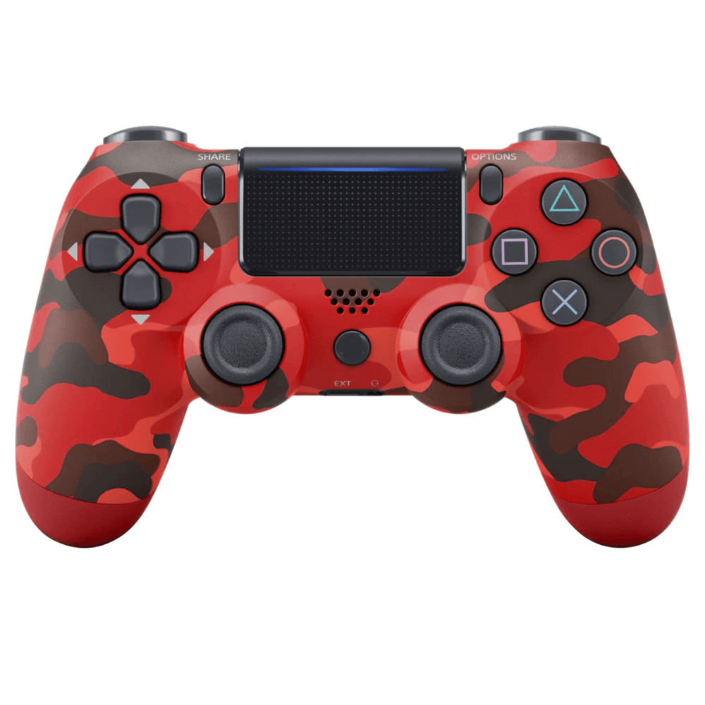 Red Camouflage wireless PS4 joystick compatible with Android, iOS, PC, featuring Bluetooth connectivity and USB cable.