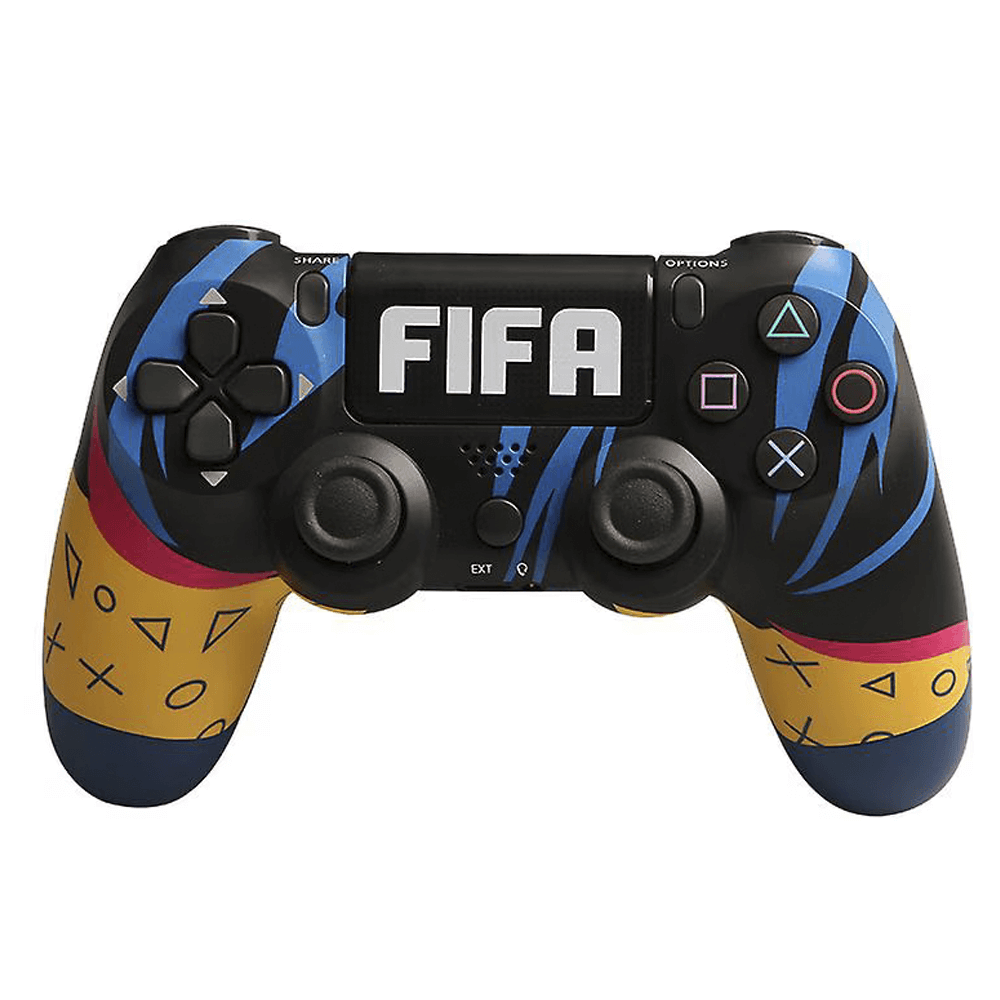 Wireless PS4 joystick for Fifa, compatible with Android, iOS, and PC via Bluetooth, featuring a colorful design.