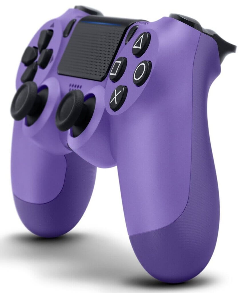 Purple PS4 wireless joystick, compatible with Android, iOS, PC, featuring Bluetooth connectivity and unique ergonomic design.