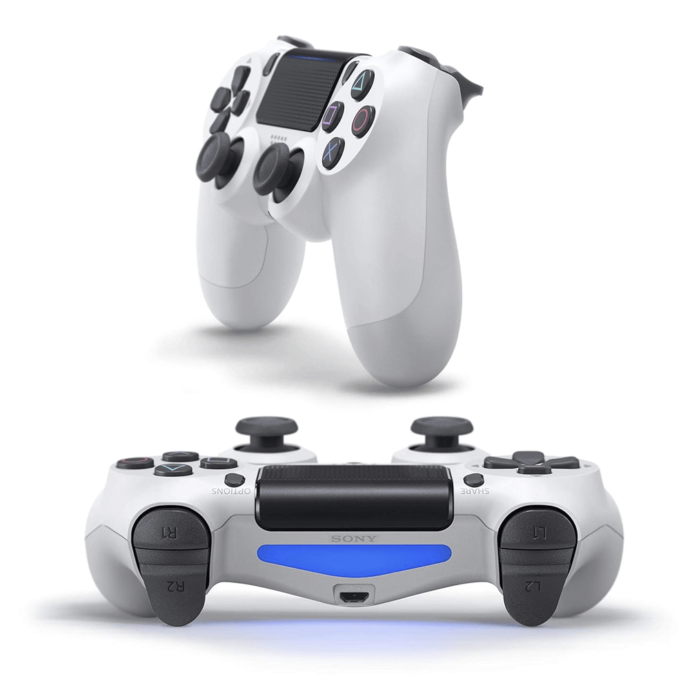Wireless white PS4 joystick compatible with Android, iOS, and PC via Bluetooth.