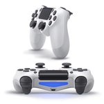 Wireless white PS4 joystick compatible with Android, iOS, and PC via Bluetooth.