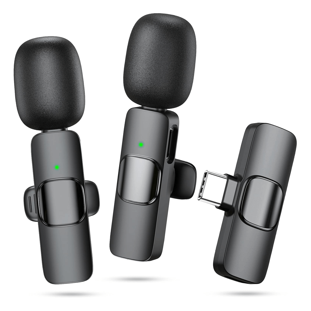 Wireless K8 Lavalier Microphone with Type-C Connector for iPhone and Android, Set of 2, Black, 2.4 GHz, Ideal for Quality Sound Recording