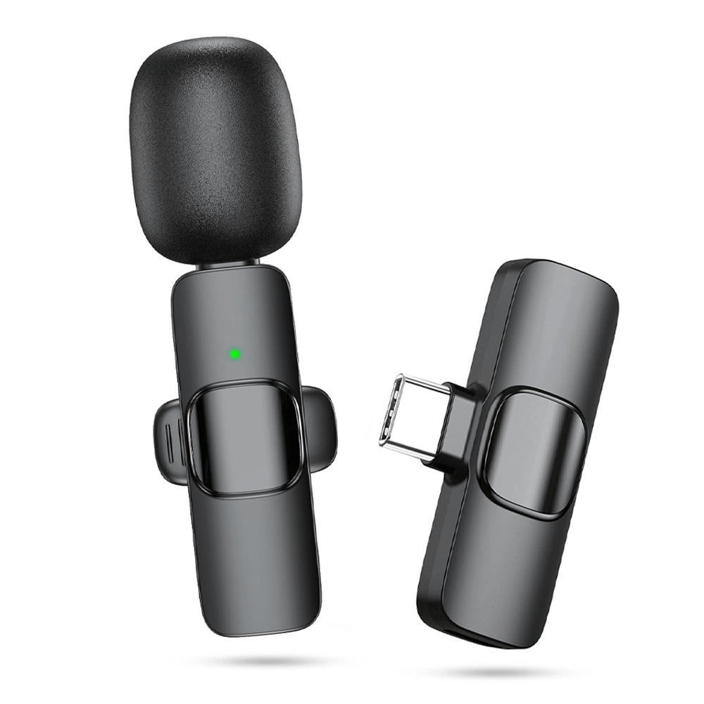 Wireless clip-on lapel microphone K8 with Type-C connector for iPhone 15, 16 & Android; black, 2.4 GHz frequency.