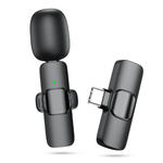 Wireless clip-on lapel microphone K8 with Type-C connector for iPhone 15, 16 & Android; black, 2.4 GHz frequency.