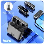 Wireless lavalier microphone set with charging case, compatible with Android and iPhone via Type-C and Lightning adapters.