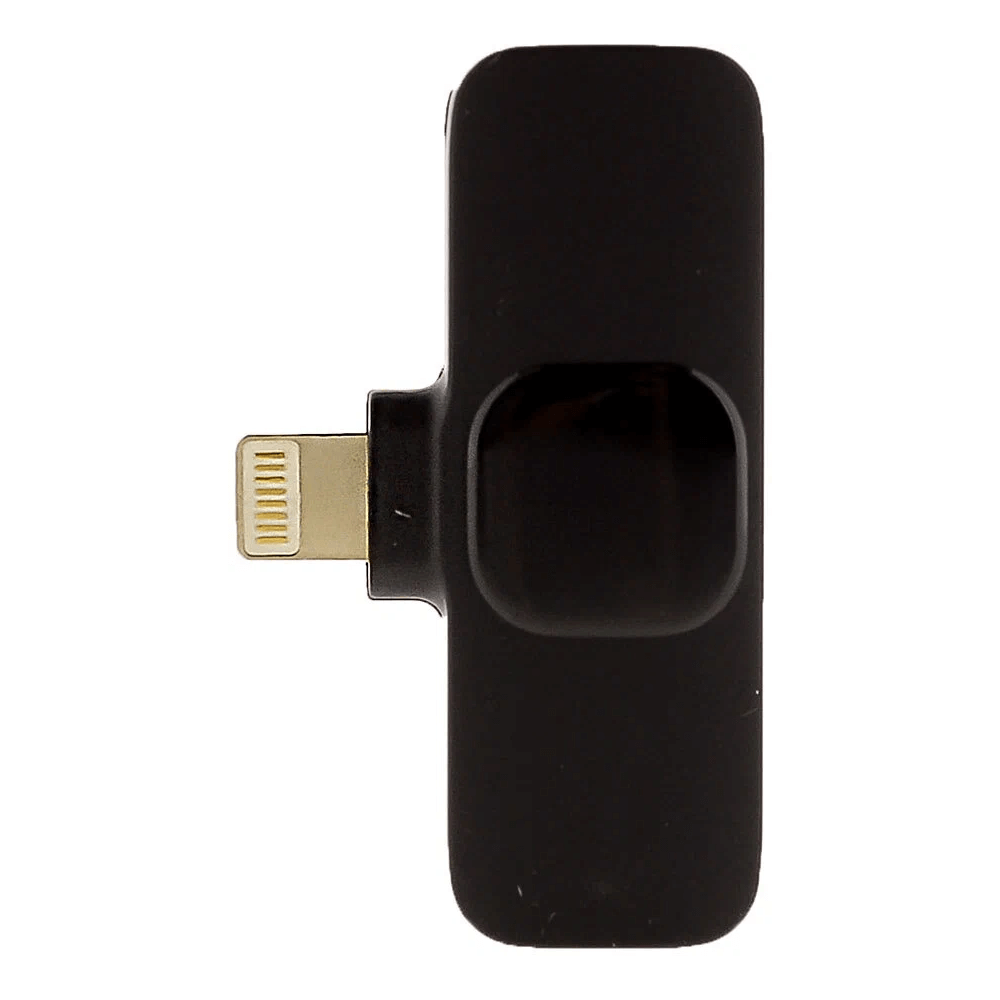 Wireless K9 lavalier microphone with Lightning connector for iOS devices, ideal for professional recording, black color.