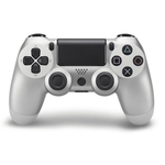 Wireless PS4 Silver joystick compatible with Android, iOS, and PC; includes USB-MicroUSB cable; Bluetooth connectivity.