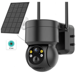 Wi-Fi surveillance camera with solar panel, 4MP resolution, IP66 waterproof, night vision, supports Android and iOS with ICSEE app.