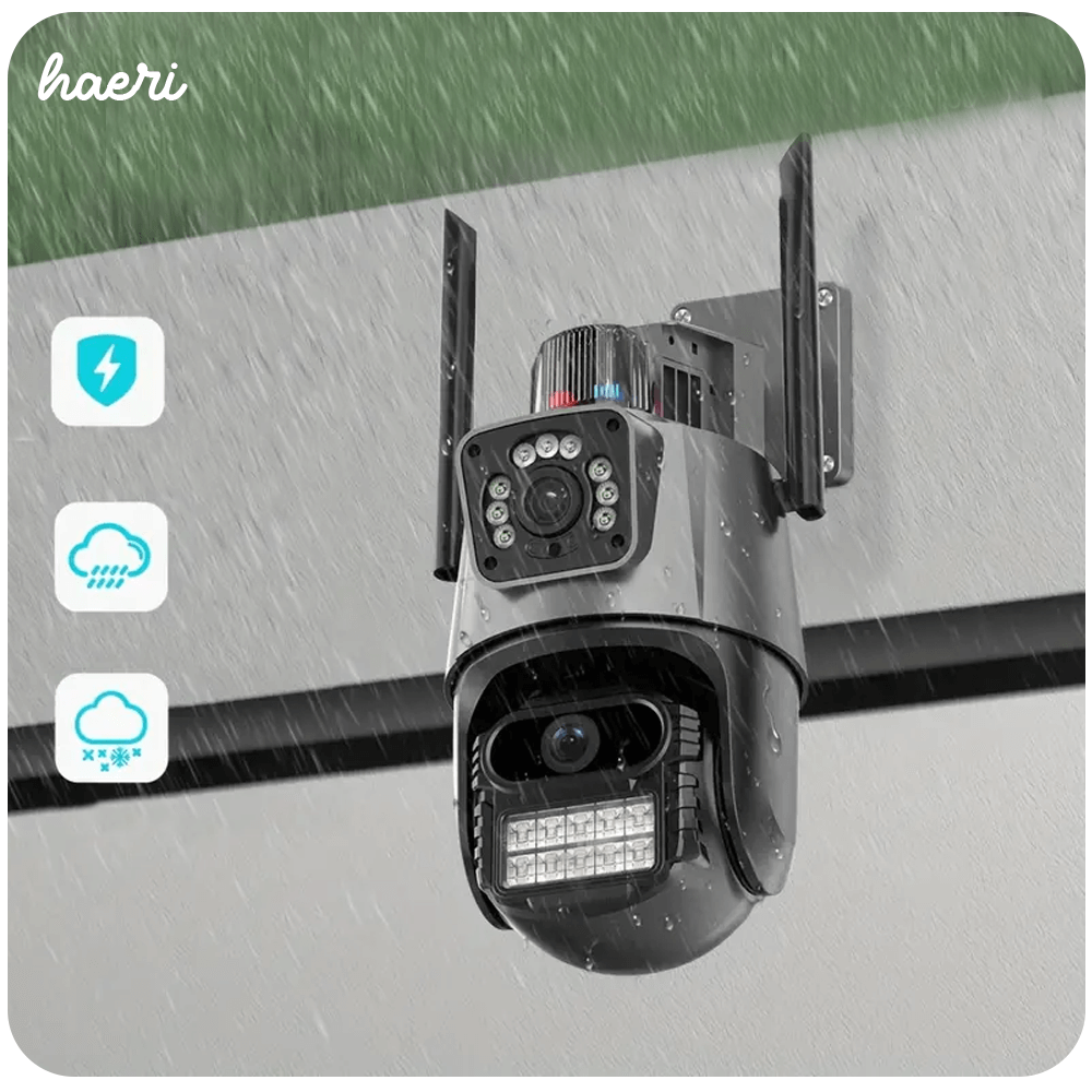 Wi-Fi 3MP+3MP outdoor surveillance camera with night vision and IP66 waterproof rating.