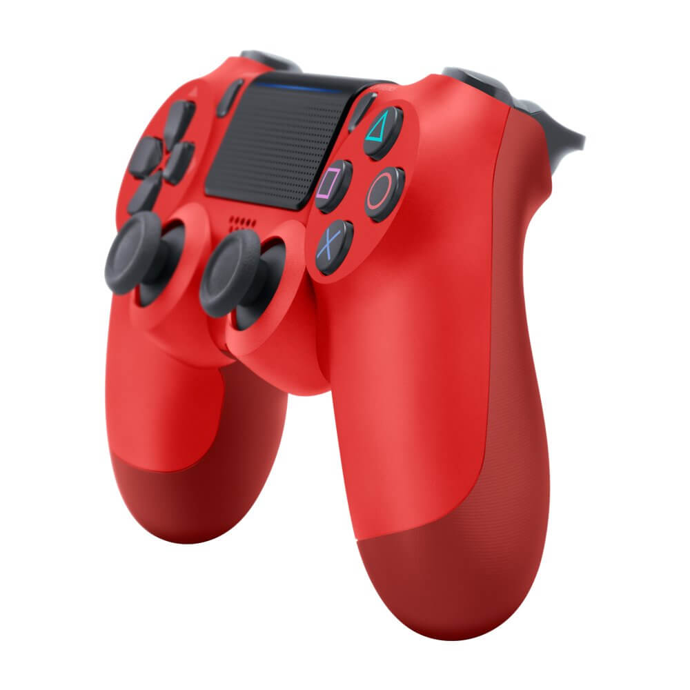 Red wireless PS4 controller compatible with Android, iOS, and PC via Bluetooth, shown in Red Magma color.