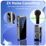 Wireless microphone with DSP chip and noise cancelling feature for Android and iPhone, showcasing clip-on design and furry windshield.