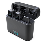 Wireless lavalier microphone set with charging case for Android and iPhone. Includes dual Type-C/Lightning interface, active noise isolation.