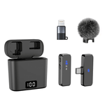 Wireless lavalier microphone with Type-C and Lightning connectors, charging case, and accessories for Android and iPhone.
