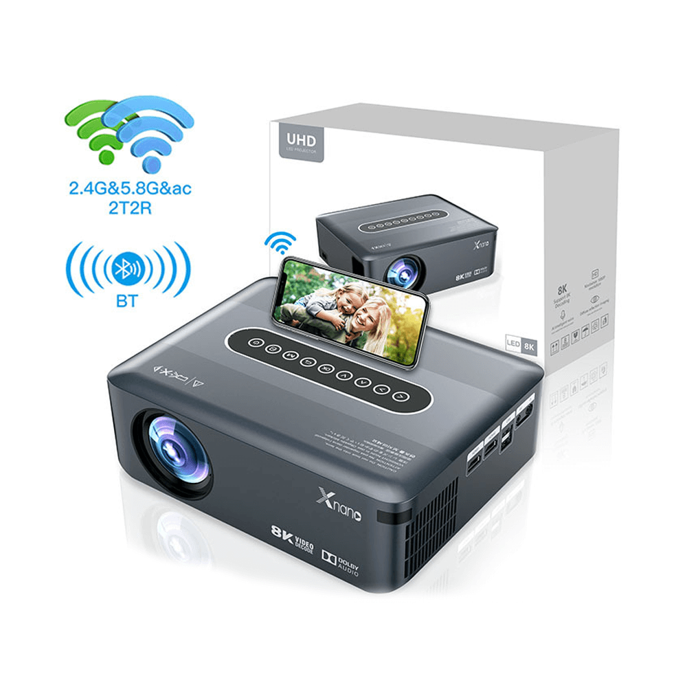 Xnano X1 projector with UHD, 8K resolution, and wireless connectivity features displayed with packaging.
