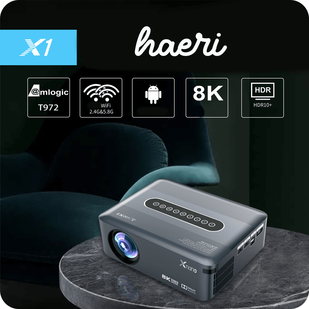 Xnano X1 projector on a table, showcasing 8K resolution, HDR10+, Android OS, and WiFi connectivity, highlighting advanced features.