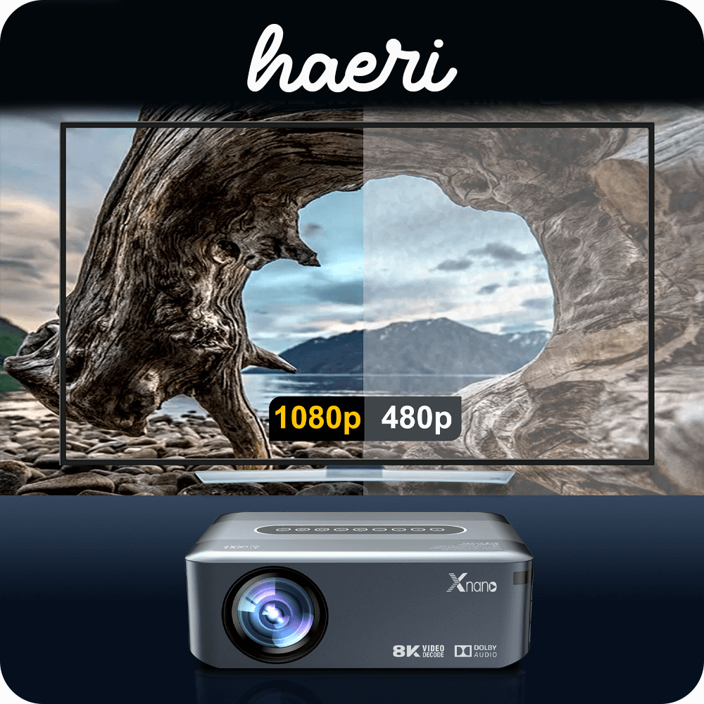 Xnano X1 projector displaying 8K resolution contrast against wooden texture, showcasing advanced image clarity and LED technology.