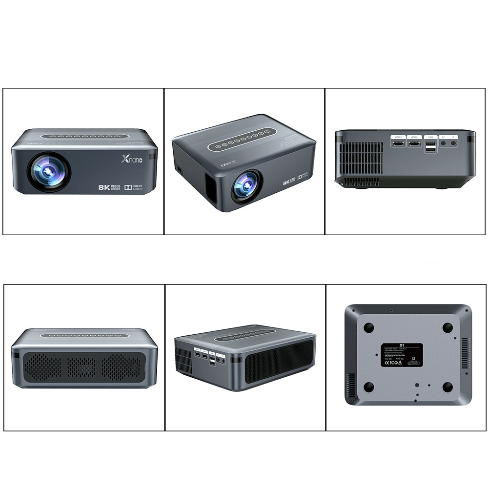 Xnano X1 projector showcasing 1920x1080P resolution, LCD+LED technology, and 300 ANSI lumens in various angles.