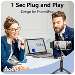 Professionals using a wireless lapel microphone with smartphone for video conference, compatible with Android and iPhone.