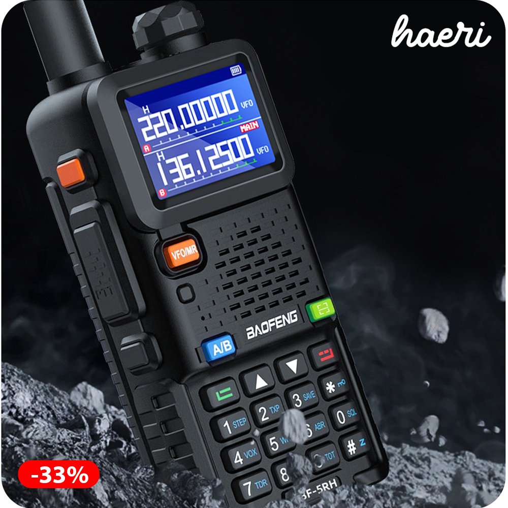 Baofeng UV-5RH 10W two-way radio with an improved display and multiple frequency channels.