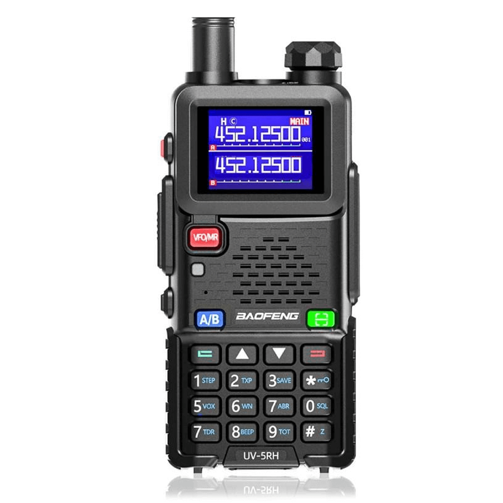 Baofeng UV-5RH 10W two-way radio with an improved display and multiple frequency channels.