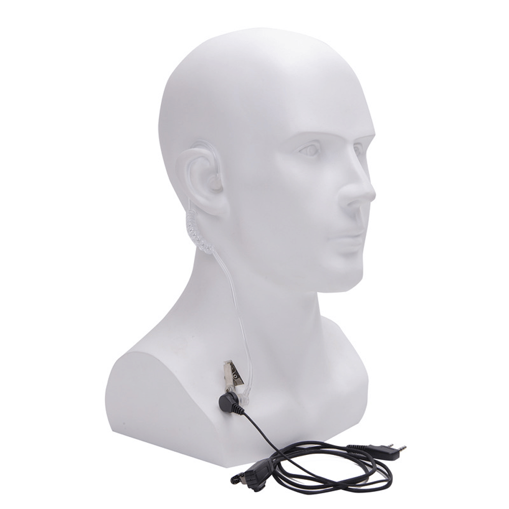 White mannequin head displaying Baofeng headset with microphone and dual connector cable on a white background.