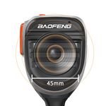 Baofeng microphone front view with 45mm speaker, featuring control buttons and design details.