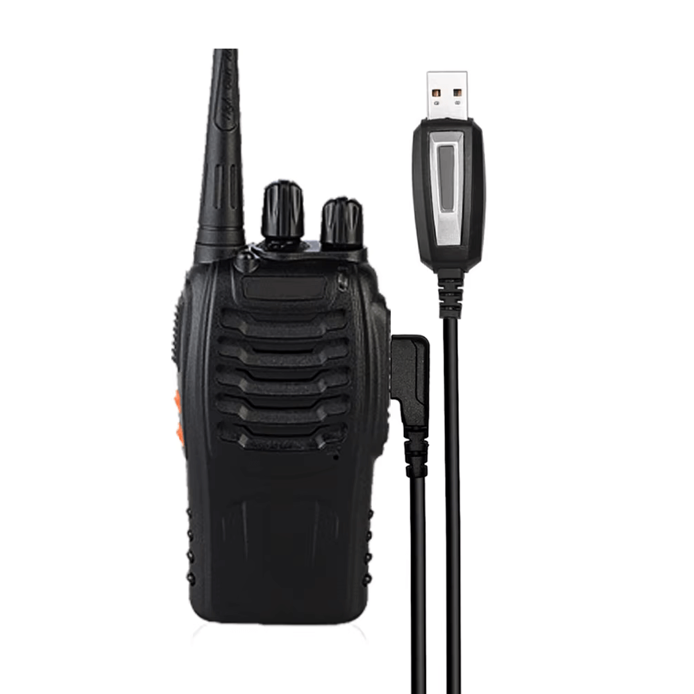 Baofeng programming cable with IEC 2-pin and USB 2.0 Type-A interfaces for walkie-talkie connectivity.