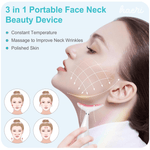 3 in 1 portable face and neck beauty device promoting polished skin and improved neck wrinkles with constant temperature massage.