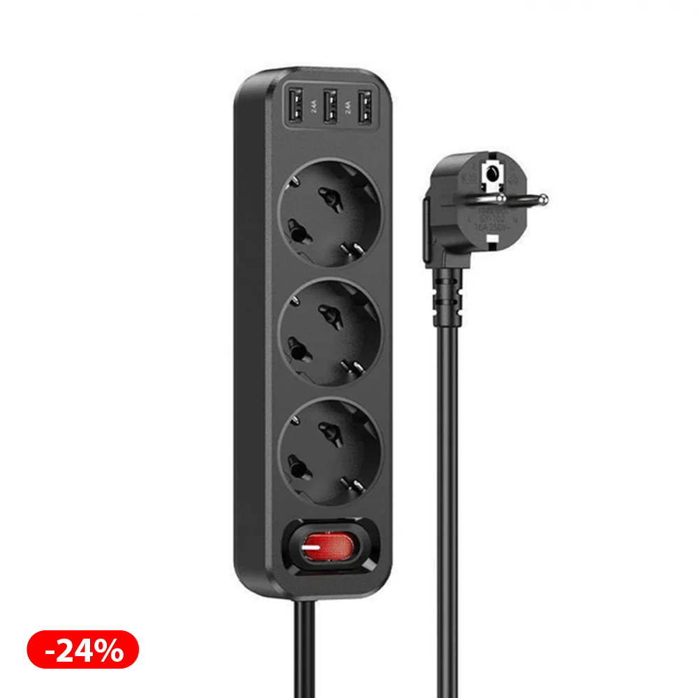 დამაგრძელებელი (3 როზეტი + 3 USB 2,4A) Hoco NS2 18W 1.8მ