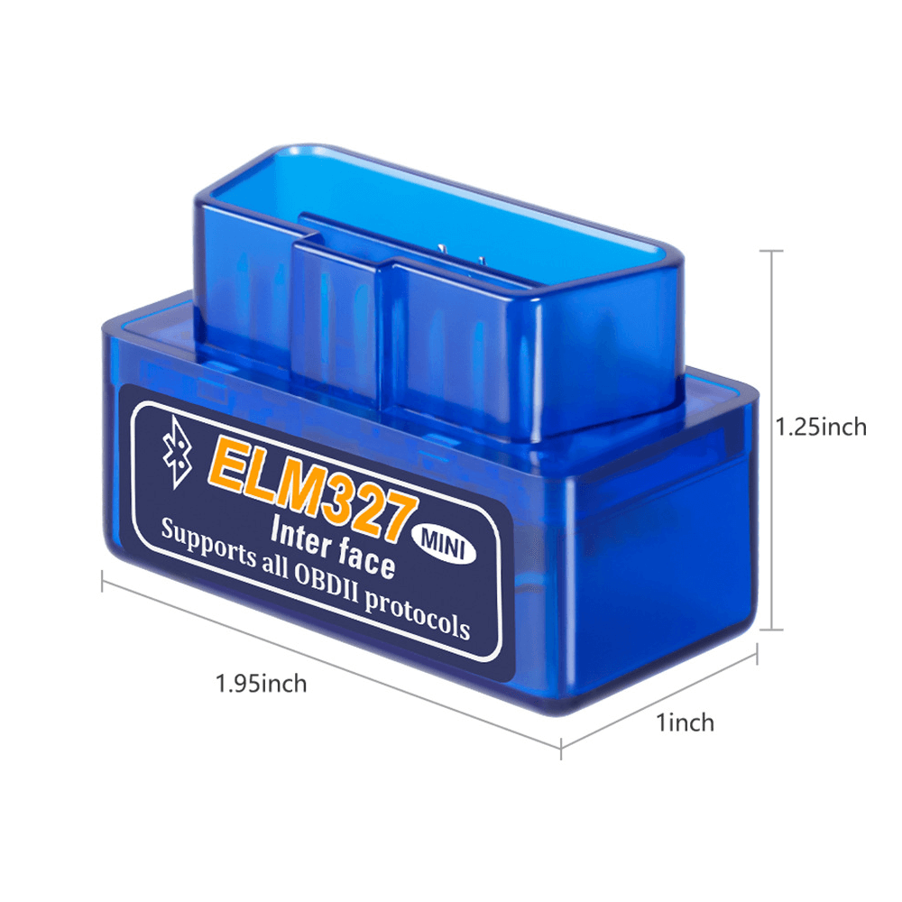 OBD2 ELM327 Mini V2.1 scanner for car diagnostics, supports all OBDII protocols, Bluetooth enabled, compact design.