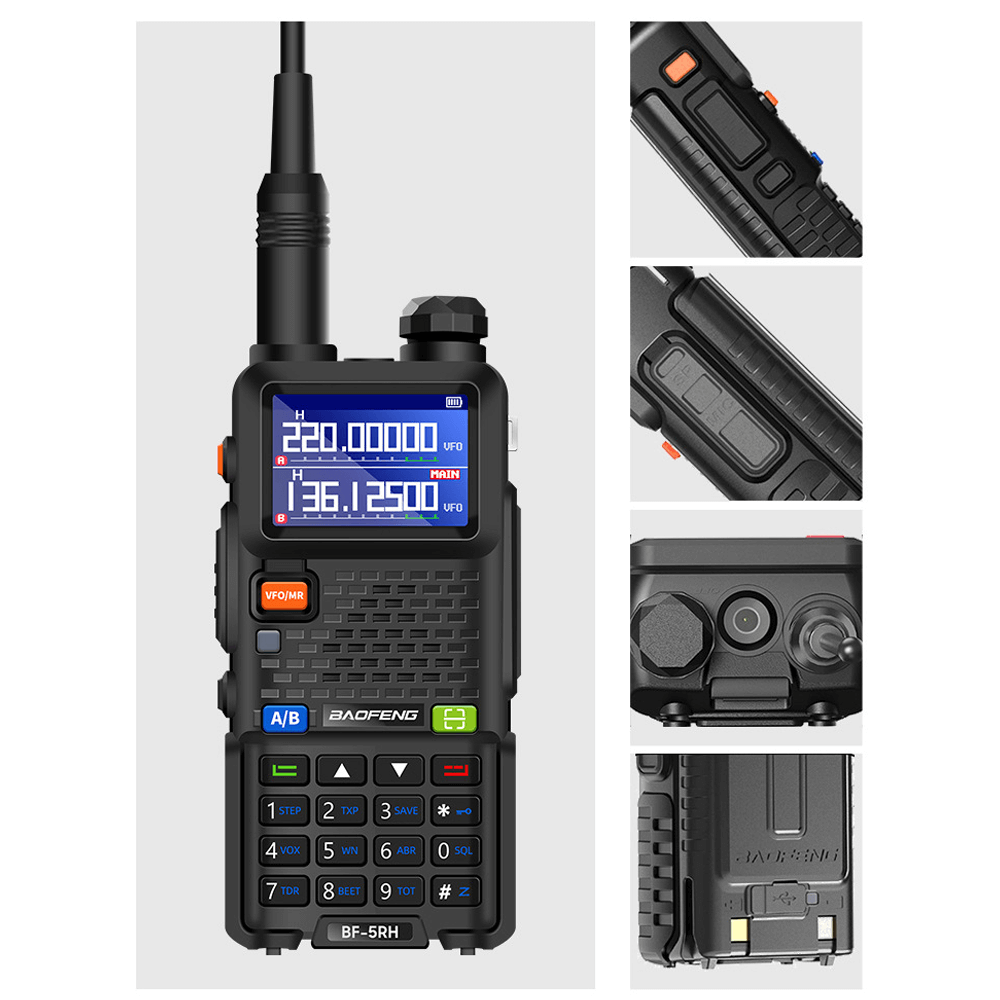 Baofeng UV-5RH 10W two-way radio with enhanced screen, multiple channels, and Type-C connector.