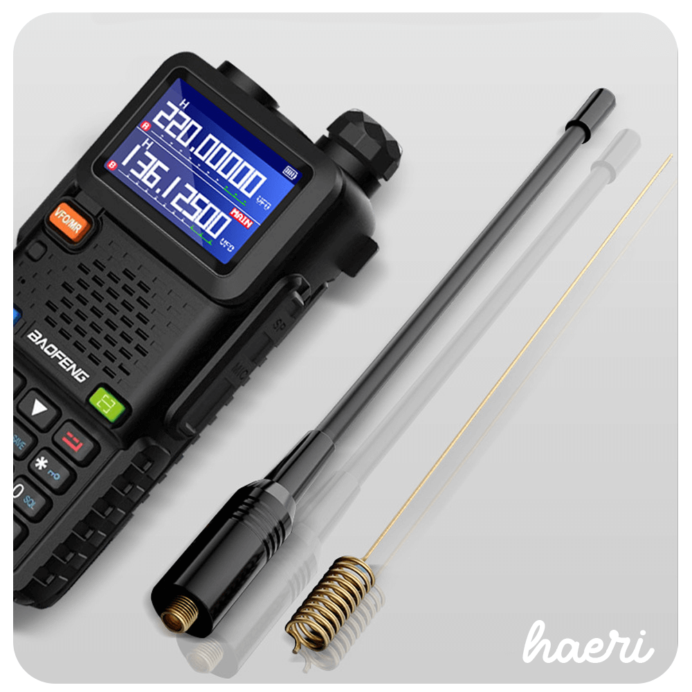 Baofeng UV-5RH 10W radio with antenna, showcasing a digital display and enhanced design features.