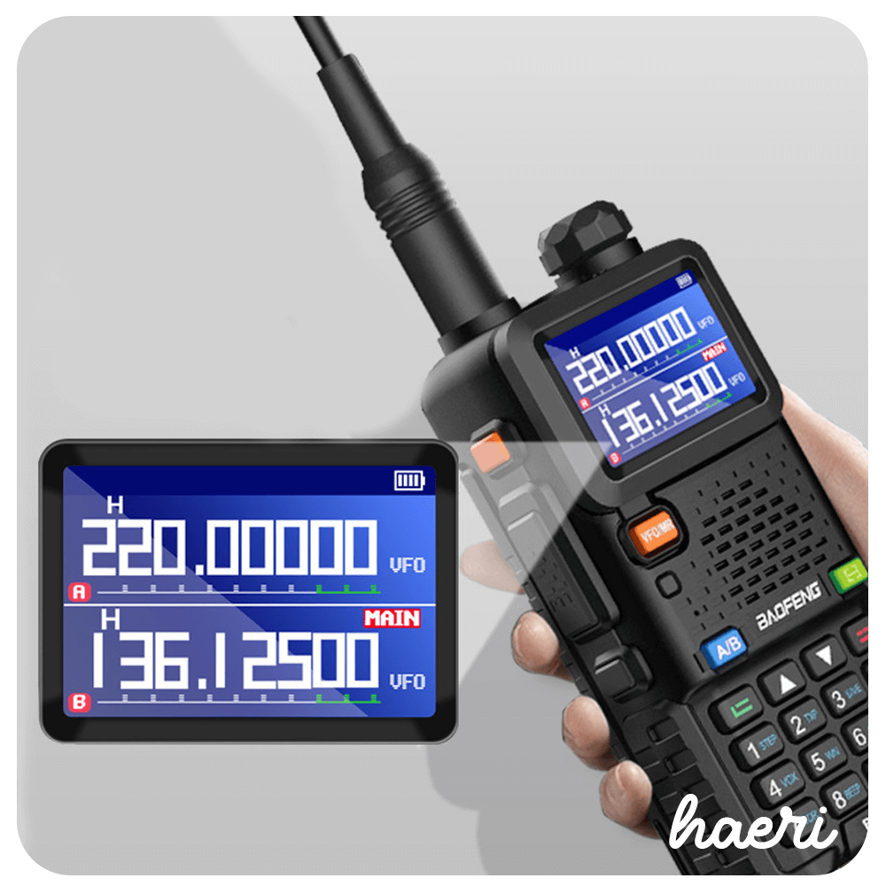 Baofeng UV-5RH 10W two-way radio with dual display showing frequency settings and clear screen.