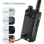 Baofeng UV-5RH 10W two-way radio showcasing Type-C charging options including wall, power bank, car, and laptop.