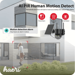 Wi-Fi security camera with solar panel, 4MP resolution, human motion detection, and night vision.