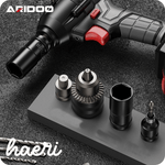 ARIDOO 21V impact wrench and accessories, featuring various drill bits and attachments on a gray background.