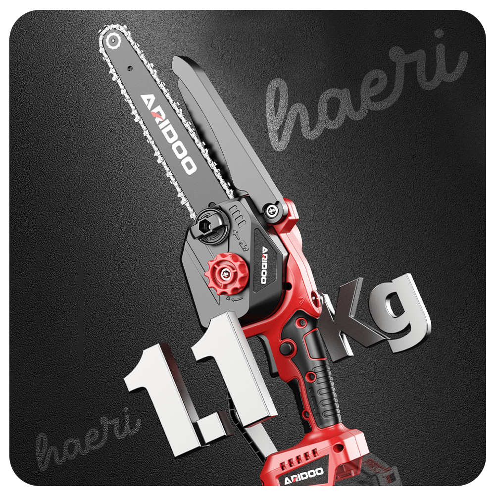 ARIDOO 8" mini cordless chainsaw, lightweight at just 1.1 Kg, ideal for precision cutting and easy handling.