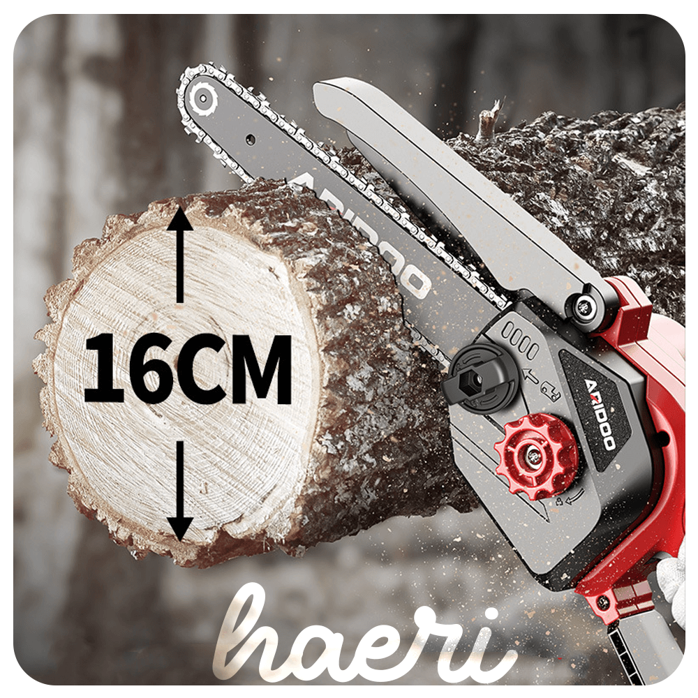 Mini chainsaw ARIDOO cutting wood log with 16cm diameter, showcasing the powerful 21V design.
