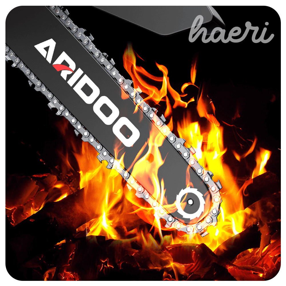 ARIDOO mini chainsaw blade surrounded by flames, showcasing its powerful design and capabilities for cutting tasks.