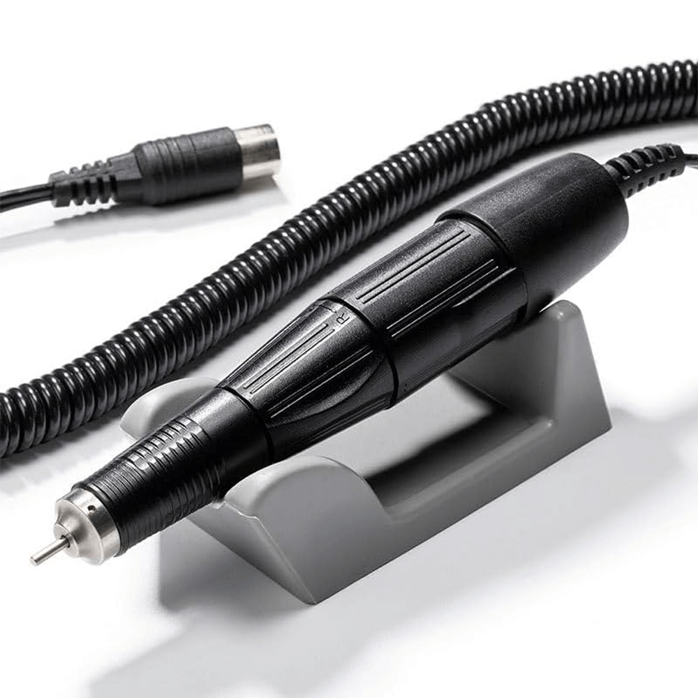 Professional Strong 204 manicure drill, 65W power, 35,000 RPM, dual rotation, for nail care and dental use, shown in close-up with cord and stand.