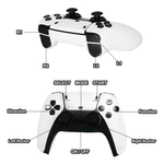 Top and bottom view of a white gaming controller with labeled buttons and joysticks for easy navigation.