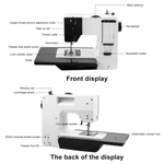 Front and back view of UKICRA UFR-738A sewing machine with labeled features for easy use in home studios and small ateliers.