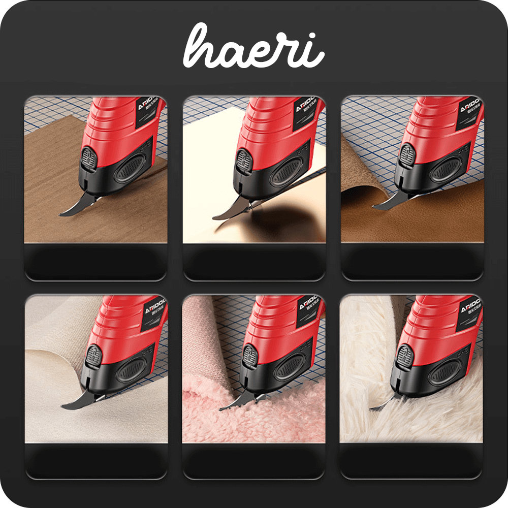 ARIDOO 4.2V electric fabric cutter showcasing various materials like leather, fleece, and cardboard.